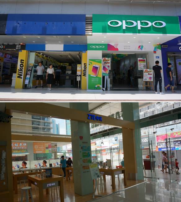 (위)한때 삼성전자가 입주했던 자리에 일본 니콘 매장이 들어와 있다. 간판에서 삼성 로고를 떼어냈지만, 아직도 알파벳 흔적이 보인다. (아래)비교적 한산했던 ZTE 매장의 모습. / 사진=전준범 기자