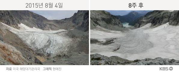 미국 워싱턴 주, 콜롬비아 빙하·여름철에 빙하가 녹아내렸음을 보여준다(사진=미국 해양대기관리국)