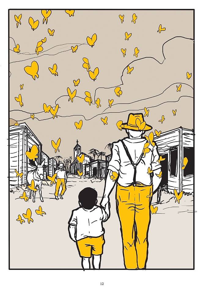 <백년의 고독> 속 노란 나비는 마콘도의 수많은 마술적 사건 중 하나다. 가브리엘 가르시아 마르케스가 죽었을 때 사람들은 종이로 노란 나비를 접어 조의를 표했다. 그림은 <마르케스: 가보의 마법 같은 삶과 백년 동안의 고독>(오스카르 판토하 지음, 미겔 부스토스·펠리페 카마르고 로하스·타티아나 코르도바 그림, 유아가다 옮김, 2015) 가운데 한 장면.  푸른지식 제공