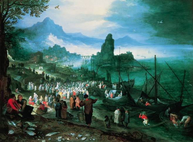 대 얀 브뤼헐 작 ‘갈릴리 호수에서 설교하는 예수’. 군중이 모여 있고 저 멀리 예수가 배 위에서 메시지를 전하고 있다.