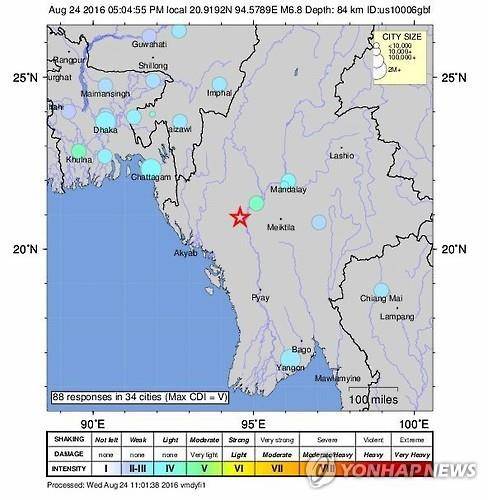 미얀마에서 발생한 규모 6.8의 지진 [epa=연합뉴스]