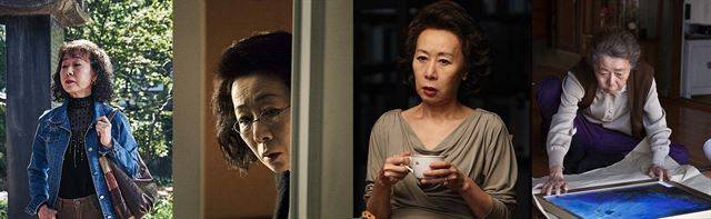 배우 윤여정은 고희를 바라보는 나이에도 지적인 이미지를 고수한다. 그럼에도 그는 영화 ‘죽여주는 여자’(왼쪽부터)와 ‘하녀’ ‘돈의 맛’ ‘계춘할망’에서 각기 다른 모습을 보여줬다.