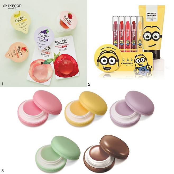 1 스킨푸드 젤리포 마스크. 스킨푸드 제공 2 미샤 미니언즈 시리즈. 미샤 제공 3 잇츠스킨 마카롱 립밤. 잇츠스킨 제공