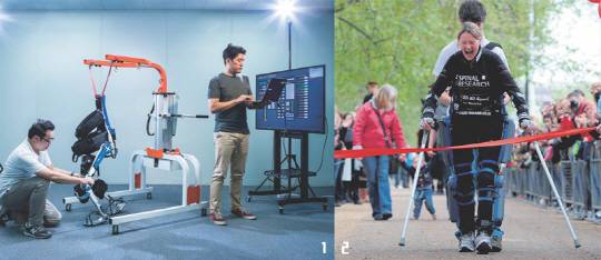 1. 현대자동차 중앙연구소 연구원들이 ‘H-MEX 1.5’의 동작 범위를 미세조정하고 있다. 2. 리워크 로보틱스가 만든 웨어러블 로봇 ‘리워크(ReWalk)’를 입고 2012년 런던 마라톤대회를 완주한 클레어 로마스의 모습.