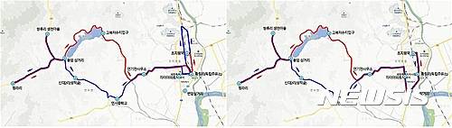 ▲사진2 - 711번(왼쪽)과 712번(오른쪽) 버스 노선도.