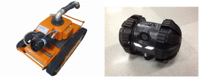 [제1차 소방로봇 가운데 무인방수 로봇(왼쪽)과 화재정찰 로봇(오른쪽). 소방당국은 소방로봇 사업에 모두 33억원에 달하는 예산을 투입했지만 실제 화재 현장에서 거의 활용하지 않고 있어 ‘혈세 낭비’라는 지적을 피하기 어려워졌다. 사진=국민안전처 홍철호 새누리당 의원실 제출 자료]