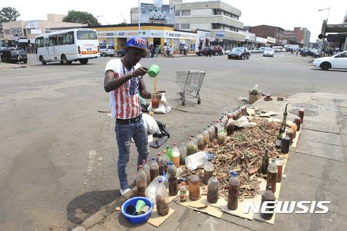 【하라레(짐바브웨) =AP/뉴시스】 =  경제난으로 큰 병원들조차 진통제등 의약품이 떨어진 짐바브웨에서 사람들은 길거리 약초상들에게  의존하고 있다.  이에 따라 아프리카 전통의학임을 주장하는 약초 장사들이 전국적으로 크게 늘어나 무너진 의료쳬계를 대신하고 있다. 이들 대부분은 전통치료사 협회에 등록되어있지 않은 무허가치료사들이다.  사진은 지난 10월 21일 수도 하라레시내에서 약초 끓인 시럽과 풀뿌리 등을 팔고 있는 셰파드 무쇼레(34)의 길거리 약국.