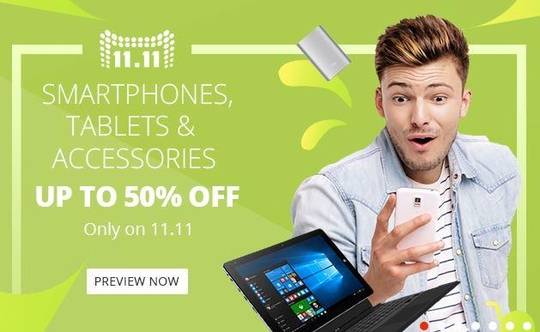 알리익스프레스 홈페이지 첫 화면. 11월 11일 광군제 당일 스마트폰, 태블릿 PC 등 전자기기를 최대 50%까지 할인 판매한다고 광고하고 있다. / 홈페이지 캡처