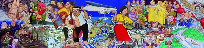 박근혜 대통령의 허수아비 위에 울부짖는 닭을 붙여넣은 <세월오월> 수정본.  도판 홍성담 작가 제공