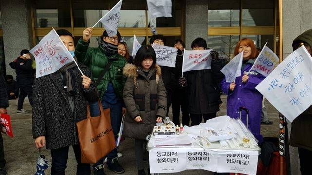 26일 오후 서울 세종문화회관 앞에서 '청와대학교 학생회’ 모임이 각자 제작한 하야 깃발을 들고 정권 퇴진 캠페인을 하고 있다. 한소범 기자