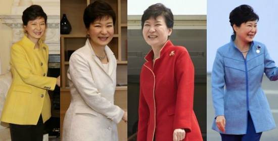 박근혜 대통령의 패션은 A자 모양의 상의, 옷깃을 세운 차이나칼라, 바지가 특징이다. 패션심리학자들은 유신시대의 향수를 불러일으키는 패션 전략이라고 분석한다. 왼쪽부터 2013년, 2014년, 2015년, 2016년 모습. (사진=청와대 제공)