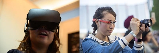 오큘러스 가상현실 헤드셋(왼쪽)과 구글의 증강현실 안경인 구글 글래스 / 블룸버그 제공