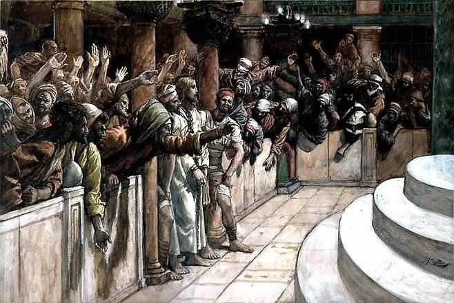 가야파 대사제의 관저에 몰려든 유대인들이 “예수가 죽을 죄를 지었다”며 단죄하고 있다. 제임스 티소의 작품.