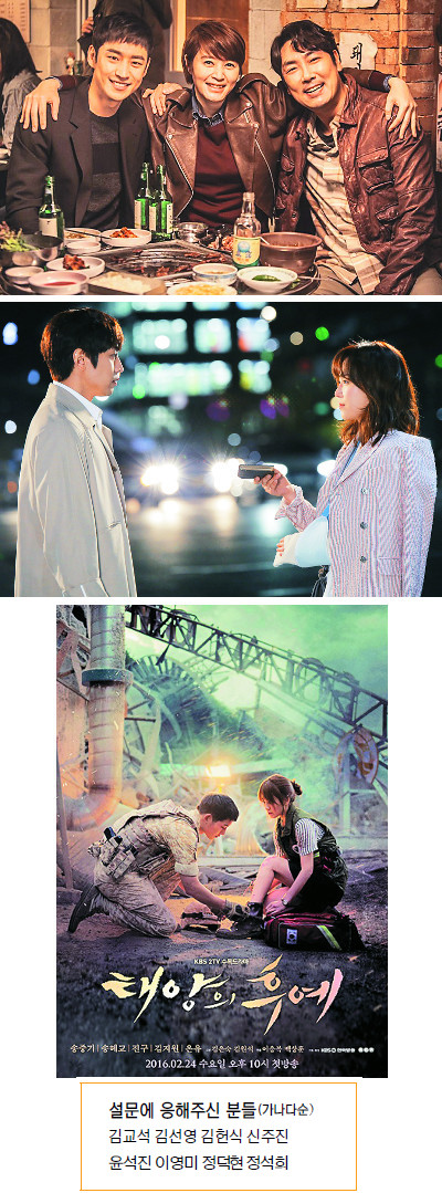 올해 방영된 드라마 ‘시그널’ ‘또! 오해영’ ‘태양의 후예’(위쪽 사진부터) 등은 높은 완성도를 보여주며 시청자들의 호평을 받았다. CJ E&M·KBS 제공
