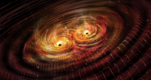 1. 두 블랙홀의 충돌로 발생된 중력파(그래픽). 중력파는 물결처럼 퍼져나가며 주변 시공간을 휘게 한다. (출처/사이언스)