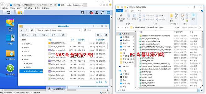 클라우드 스테이션으로 PC와 NAS의 폴더가 동기화 된 모습