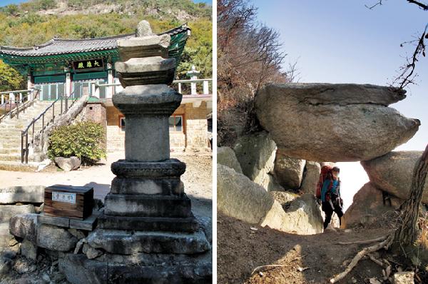 [월간산](왼쪽부터) 범륜사 오래된 석탑과 대웅전. 1993년 발굴된 석탑으로 고려 때 석탑으로 추정되고 있다. 악귀봉에서 장군바위 방면 길에 보게 되는 석창문(石窓門).