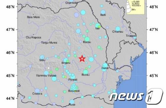규모 5.2의 강력한 지진이 28일(현지시간) 새벽 루마니아 동부에 발생했다. 사진은 미국 지질조사국(USGS) 갈무리. © News1
