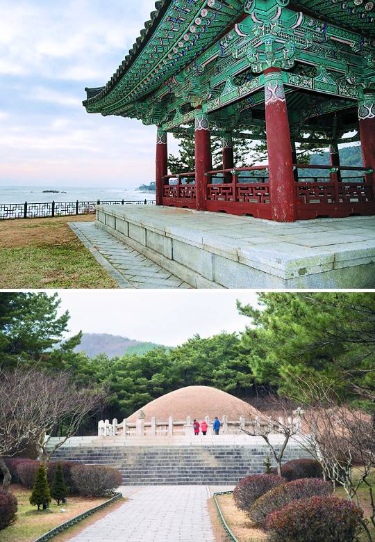 멀리 문무대왕릉이 보이는 이견대(왼쪽), 삼국통일의 주역 '화랑' 김유신 장군 묘