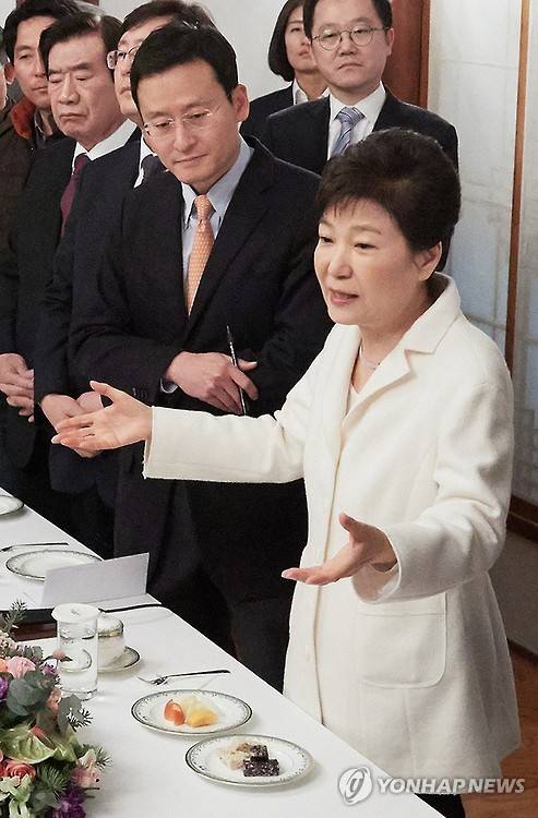 (서울=연합뉴스) 박근혜 대통령이 새해 첫날인 1일 오후 청와대 상춘재에서 출입기자단과 신년인사회를 겸한 티타임을 갖고 참석자들의 질문에 답하고 있다. [ 청와대 제공 = 연합뉴스 ]  2017.1.1      leesh@yna.co.kr