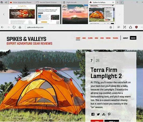 엣지브라우저는 현재 페이지를 벗어나지 않고 화면 상단에서 모든 탭을 한눈에 볼 수 있다.