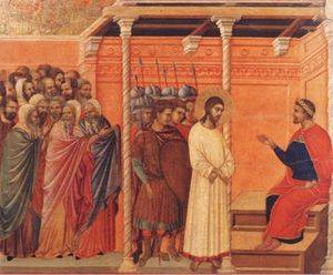 이탈리아 시에나 대성당의 제단화가였던 두초 디부오닌세냐(1255~1319)의 작품. “내 나라는 여기에 속하지 않는다”는 예수의 말을 빌라도 총독은 어떻게 해석했을까.