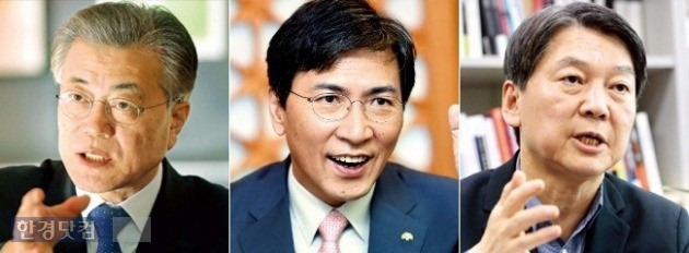 전문가들은 반기문 전 총장의 불출마로 인해 중장기적으로 문재인 전 민주당 대표(맨왼쪽)의 대세론이 흔들리고, 안희정 지사(가운데)와 안철수 전 국민의당 대표(맨오른쪽) 등이 반사이익을 얻을 것으로 전망했다. / 한경 DB