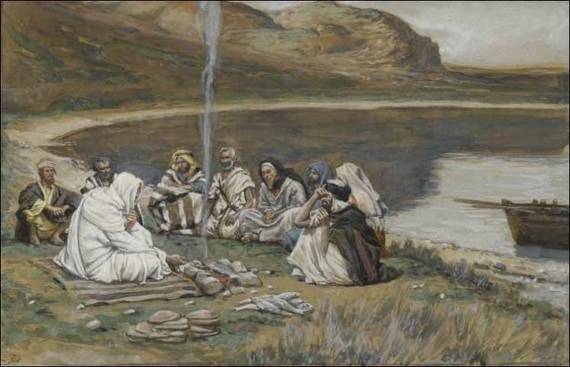 부활한 예수가 갈릴리 호숫가에서 숯불을 피워놓고 제자들과 이야기를 나누고 있다. 제임스 티소 작.