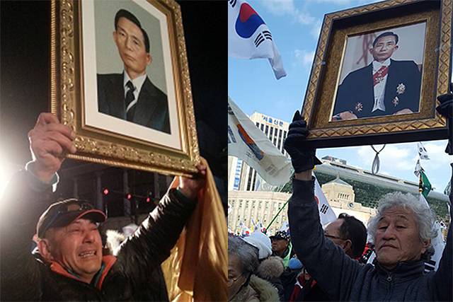 ▲ 왼쪽 사진은 2012년 12월 19일 박근혜 대통령 당선 축하 현장에 나온 박정희 전 대통령, 오른쪽 사진은 2017년 2월 11일 박근혜 탄핵 기각 집회에 나온 박정희 전 대통령. ⓒ프레시안(최하얀)