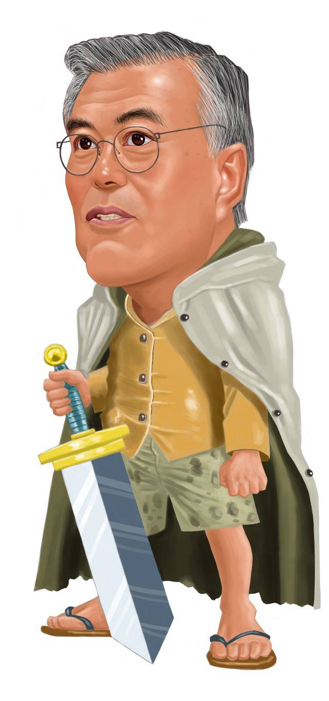 문재인 전 더불어민주당 대표의 캐리커처. 문 전 대표의 지지자들은 그가 인기 만화 ‘원피스(One Piece)’에 나오는 전설의 해적 ‘명왕(冥王) 실버즈 레일리’와 닮았다며 ‘명왕 문재인’, ‘명왕 문레일리’라는 별명으로도 부른다. 캐리커처=배계규 화백