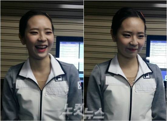 '웃었는데 왜 주책없이 눈물이...' 김나현이 25일 삿포로동계아시안게임 피겨스케이팅 여자 싱글 경기를 마무리한 뒤 취재진과 인터뷰에서 활짝 웃다가(왼쪽) 마지막에 '아쉽다'는 말을 하면서 살짝 눈물이 고이면서 애써 감정을 추스르고 있다.(삿포로=노컷뉴스)