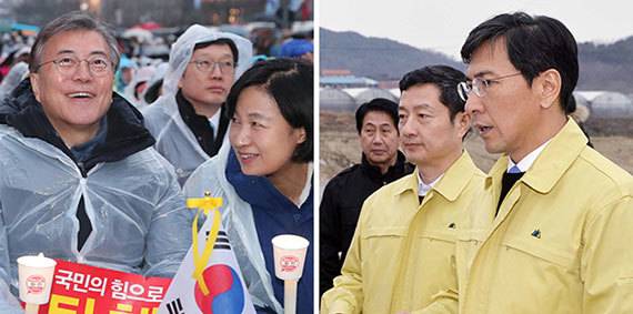 문재인 전 더불어민주당 대표(왼쪽)가 1일 오후 서울 광화문광장에서 열린 박근혜 대통령 탄핵 촉구 제18차 촛불집회에 참석했다. 오른쪽은 추미애 대표(왼쪽 사진). 안희정 충남지사(오른쪽)는 이날 오후 충남 홍성군 은하면 조류인플루엔자(AI) 통제 초소를 찾아 방역조치 상황을 점검했다. [사진 전민규 기자], [프리랜서 김성태]