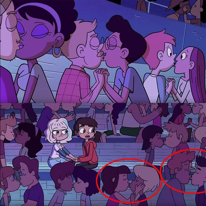 ‘프린세스 스타의 모험일기’(Star vs The Forces of Evil)의 한 장면. 동성 커플이 키스를 나누고 있다. [유튜브 영상 캡처]