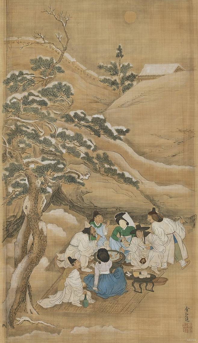 사계절 풍류를 그린 단원 김홍도(1745~?)의 풍속화 8폭 병풍(프랑스 기메 국립아시아박물관 소장)중 한 폭인 ‘설후야연(雪後野宴)'. 눈 내린 들판에서 선비 5명이 기생 2명과 고기를 구워 먹는 장면이다. 권우중 셰프는 1년 넘는 탐색 끝에 새로 연 한식 비스트로의 이름을이 그림에서따왔다. [사진=네이버 캐스트 중 ‘국립민속박물관 전시 해설’]