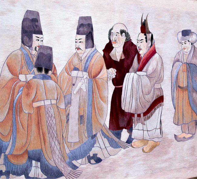 중국 섬서성 장회태자묘 벽화를 재구성한 그림. 고구려 사신(오른쪽 두번째)이 조우관을 쓰고 있다. [뉴시스]