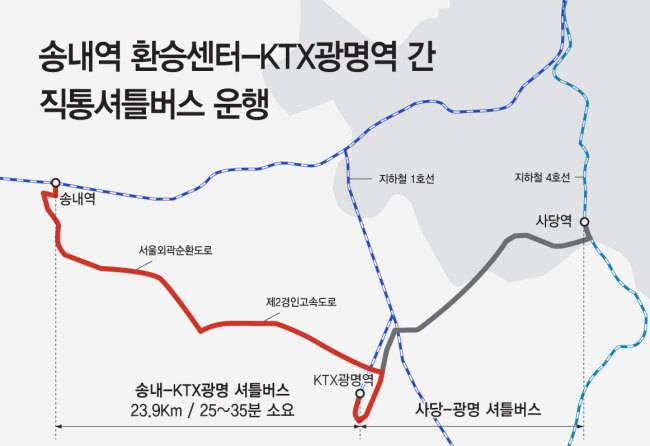 [사진설명=송내역 환승센터~KTX광명역간 직통셔틀버스 노선]