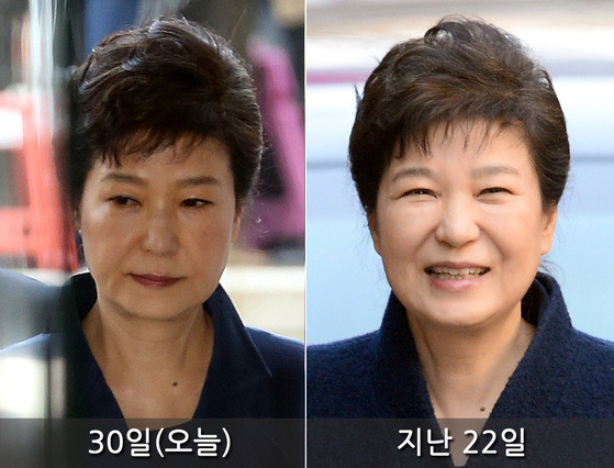 30일 오전 서울지방검찰청을 들어서는 박근혜 전 대통령(왼쪽)과 22일 오전 삼성동 자택으로 돌아갈 때의 박 전 대통령의 표정. [중앙포토]