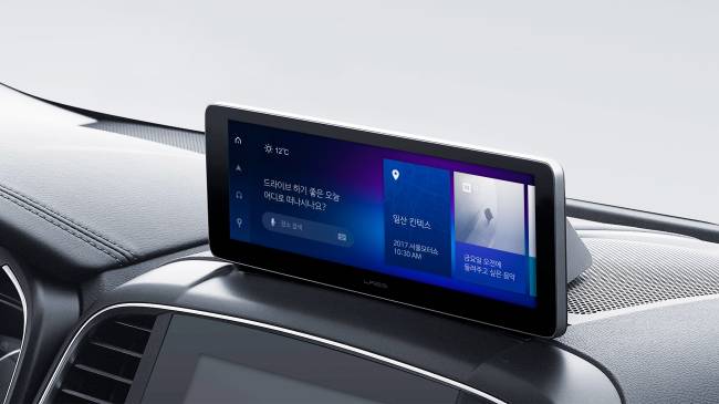 An automous vehicle equipped with the IVI platform is exhibited at a Naver booth at the Seoul Motor Show at Kintex in Ilsan, Gyeonggi Province, Thursday. (Naver Labs)