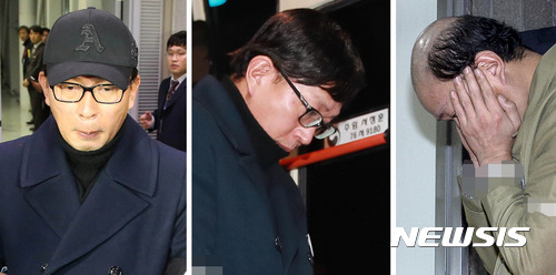 최순실씨 최측근으로 '문화계의 황태자'로 불렸던 차은택 CF감독이 지난해 11월8일 인천국제공항을 통해 중국에서 귀국한 직후 긴급체포됐다(왼쪽). 9일 모자를 벗은 채 검찰청사로 들어가는 모습(가운데)과 10일 가발을 벗은 채 얼굴을 가리고 검찰로 향하는 모습(오른쪽). 차씨는 11일 구속됐다. 뉴시스