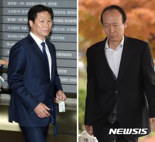 '청와대 문고리' 3인방이었던 안봉근 전 국정홍보비서관(왼쪽)과 이재만 총무비서관이 지난해 11월14일 검찰에 출석하고 있다. 3인방 중 정호성 전 부속비서관이 구속된 반면 이들은 사법처리 대상에서 제외됐다. 뉴시스