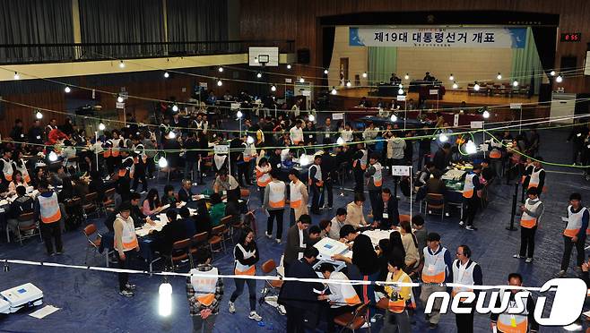 제19대 대통령 선거 투표가 끝난 9일 오후 광주 동구 전남여자고등학교 체육관에 설치된 개표소에서 관계자들이 개표를 하고 있다. 2017.5.9/뉴스1 © News1 박윤식 기자