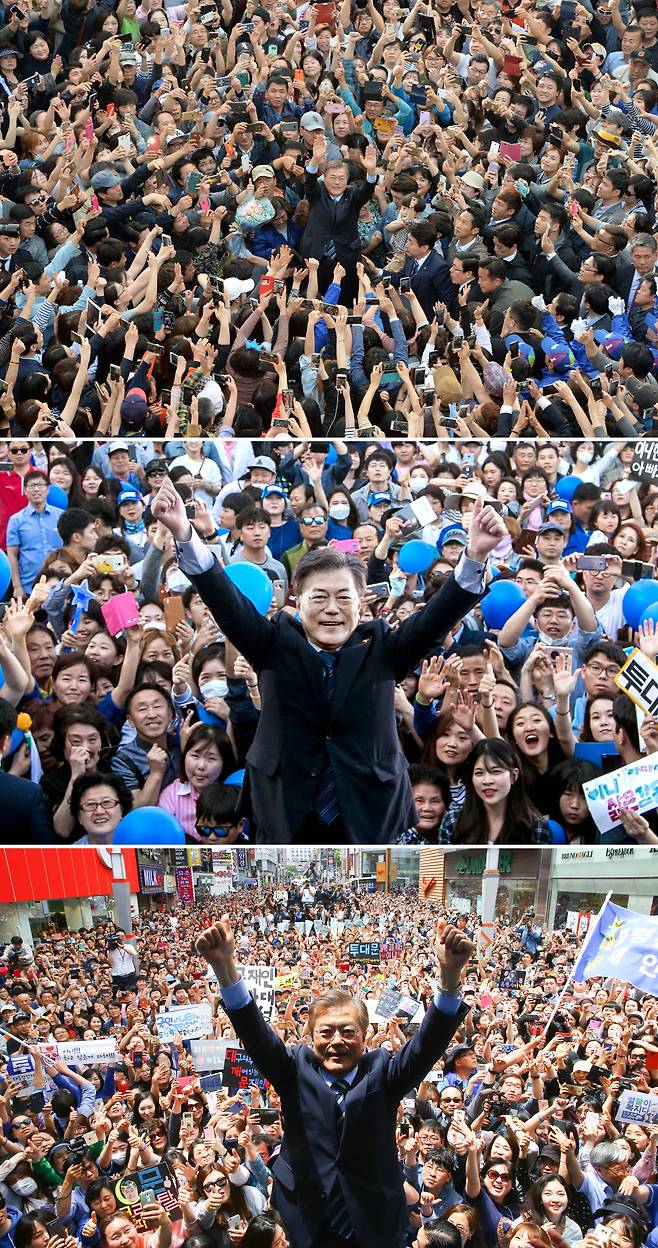 문재인 더불어민주당 후보가 1일 경기도 의정부시 중앙동 젊음의 거리에서(위),7일 오후 광주광역시 광산구 송정동 광주송정역 앞 광장에서(가운데),투표를 하루 앞둔 8일 오후 부산광역시 서면에서 지지자들의 환호에 손을 들어 답례하고 있다.오종택ㆍ박종근ㆍ송봉근 기자