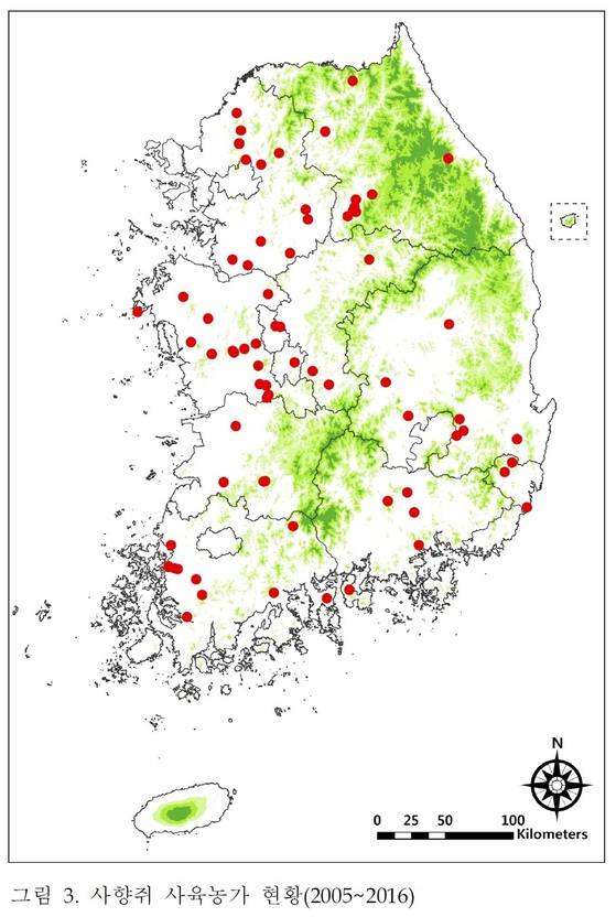 2005년 이후 사향쥐를 사육했거나 사육 중인 지역 [자료 국립생태원]