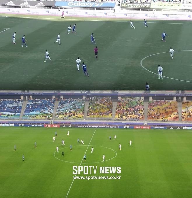 ▲ 위는 3월 19일 수원 삼성과 대구FC의 경기 사진이다. 아래는 21일 우루과이와 이탈리아의 경기. 남아공-일본전 이후에 열렸지만 매끈한 푸른 잔디가 눈에 띈다.