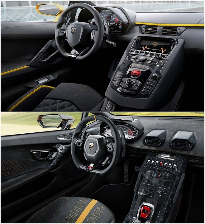 아벤타도르(위)와 우라칸(아래)의 실내. 사이드미러와 운전대, 각종 스위치가 모두 육각형을 닮았다