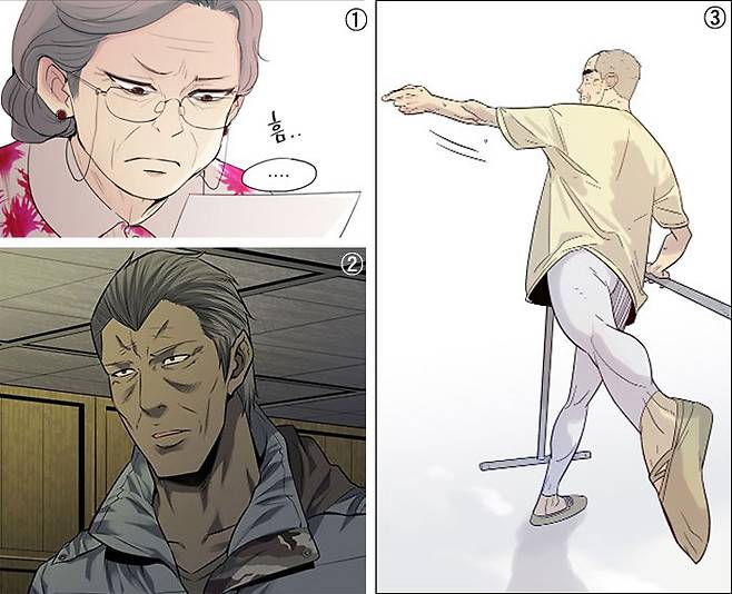 ①17세 몸으로 돌아간 77세 부부 이야기 '살아말아'. ②70대 근육질 남성이 주연 이상의 인기를 누리는 '하이브'. ③70세 남자의 발레 도전기 '나빌레라'. /다음 웹툰·네이버