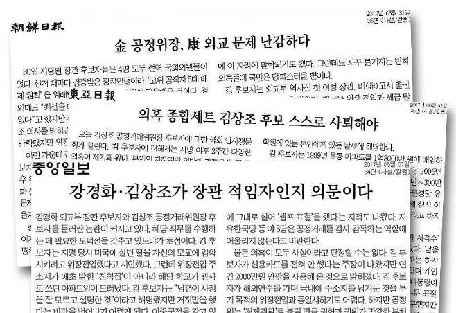 ▲ 김상조 공정거래위원장 후보자 관련 조선·중앙·동아일보 사설.