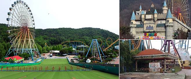 (왼쪽부터 시계방향으로) 대전 꿈돌이랜드 전경, 꿈돌이랜드 입구, 폐장 직후 폐허로 변한 꿈돌이랜드 /조선DB, 연합뉴스, 인스티즈 커뮤니티