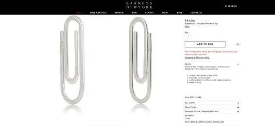 바니스뉴욕 홈페이지에서는 프라다 머니 클립을 185달러에 팔고 있다./사진=바니스뉴욕