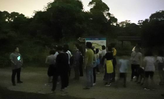 청수리 곶자왈 반딧불이 투어에 앞서 설명을 듣고 있는 여행객들. 강정현 기자